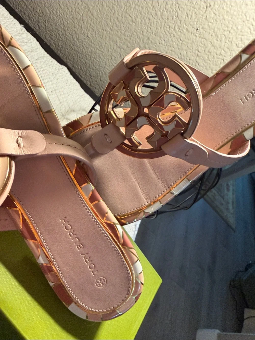 Tory Burch Blush Pink Miller Logo Thong Sandals with Patterned Trim